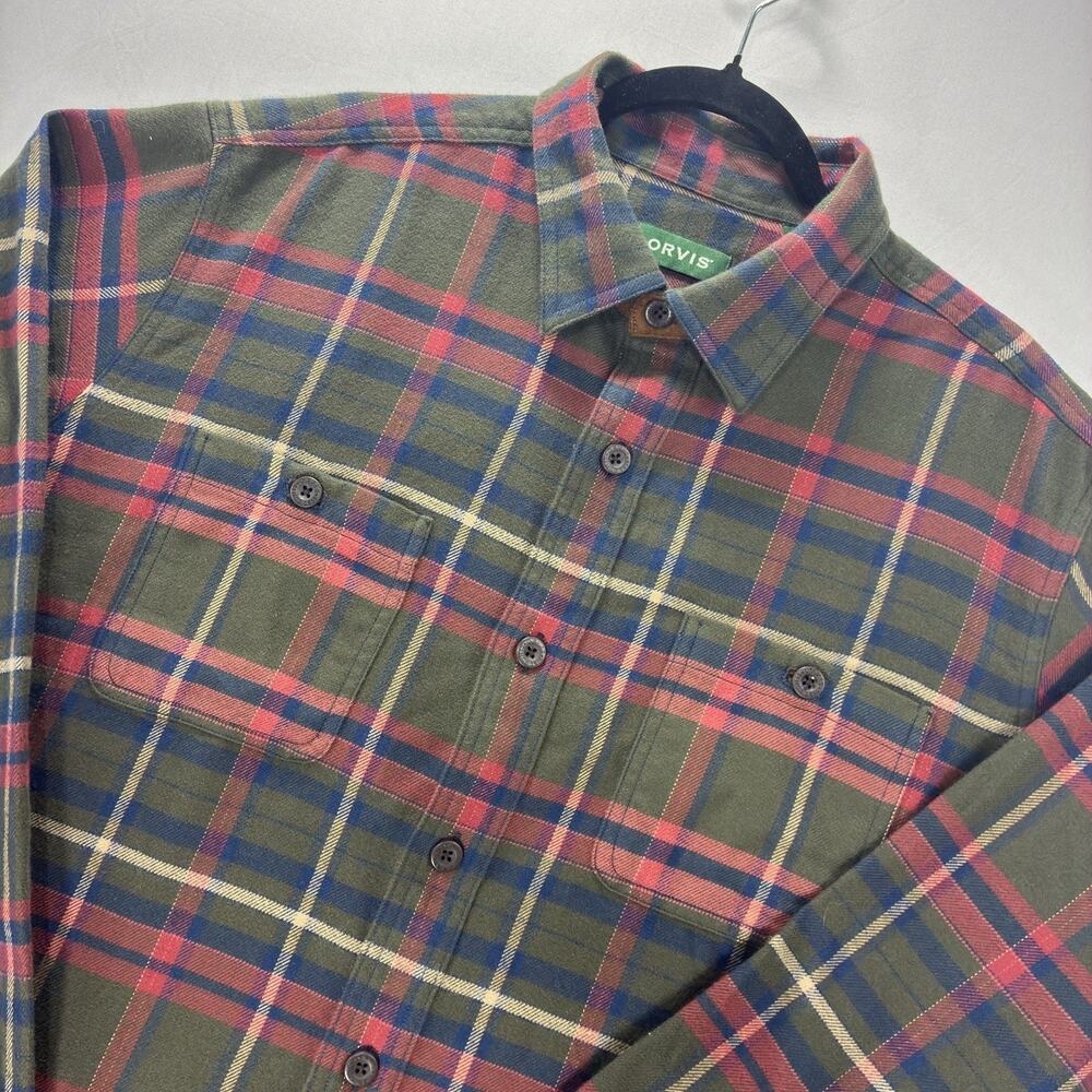 Orvis Mens Flannel Shirt Large Green Red Plaid Cotton Classic Fit Long Sleeve